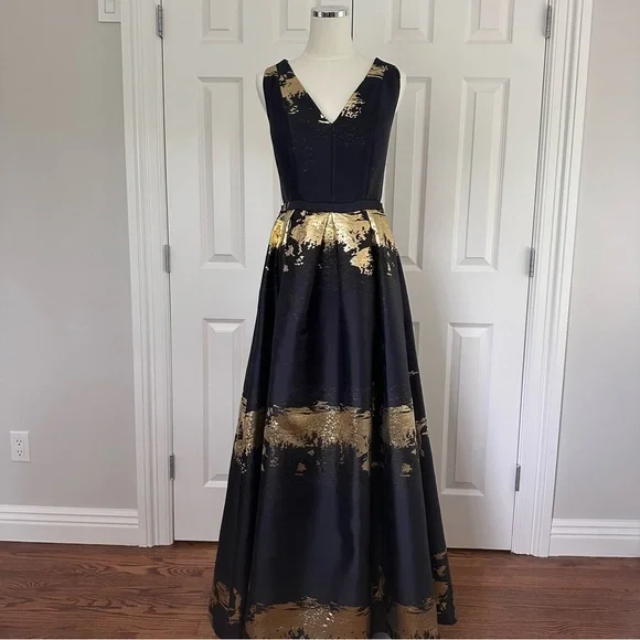 Alberto Makali Elegant Navy Gold V-Neck Sheer Back Wedding Guest Dress Size 6 - Picture 1 of 15